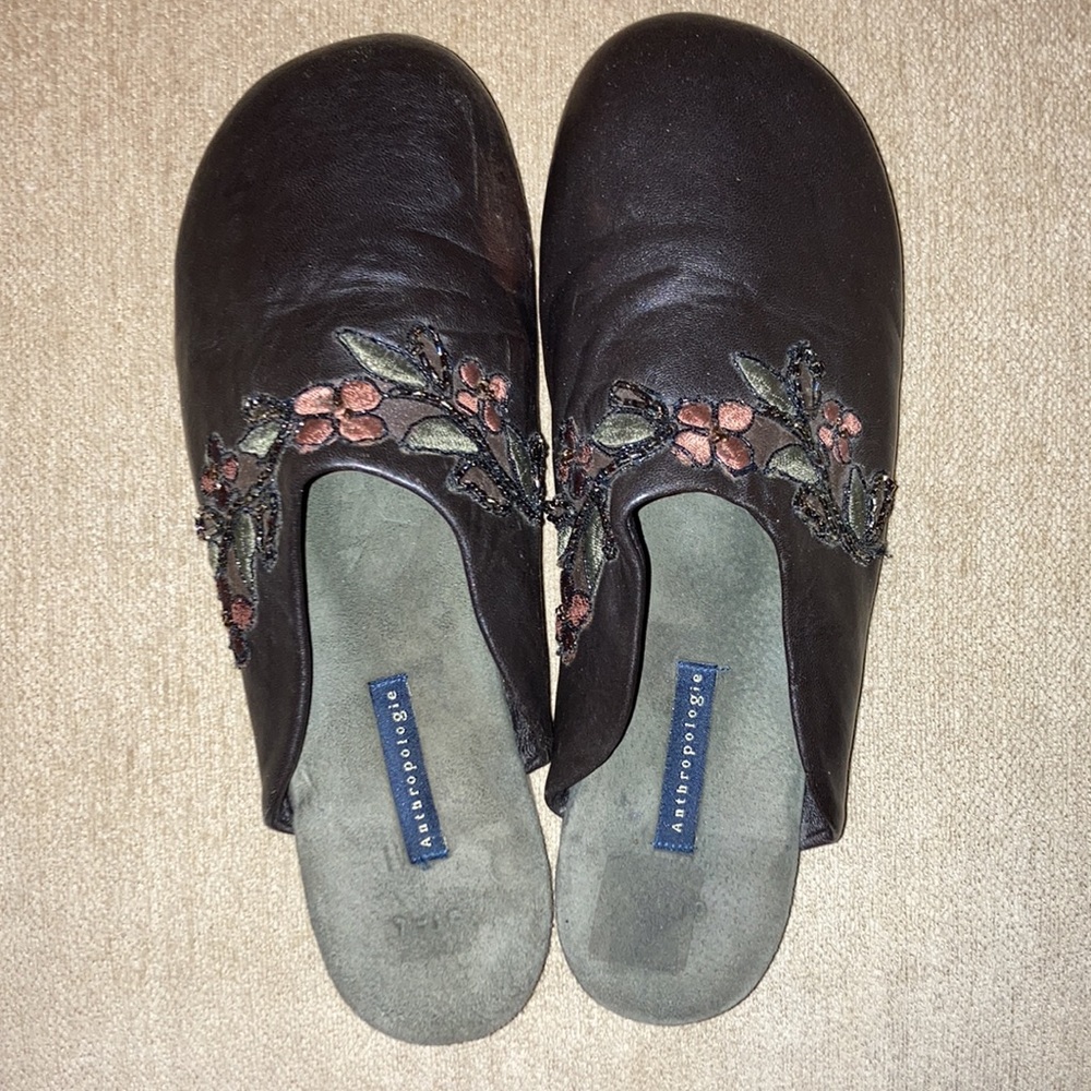 Anthropologie Brown Leather Floral Slip-On Clogs - Picture 6 of 11